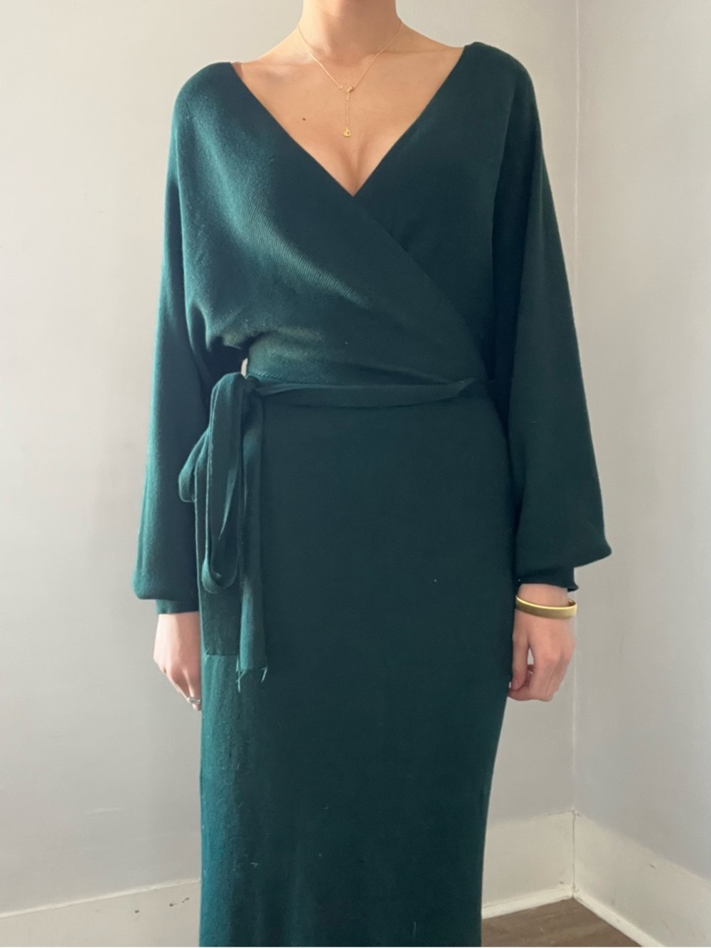 Women's Deep Green Wrap Sweater Midi Dress